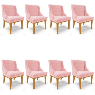 Kit 8 Cadeiras Estofadas Para Sala De Jantar Base Fixa De Madeira Castanho Lia Suede Rosa Bebê - Ibiza