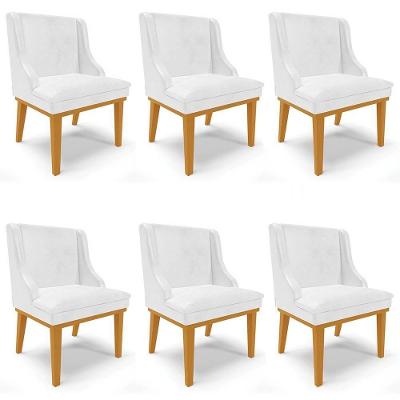 Kit 6 Cadeiras Estofadas Base Fixa De Madeira Castanho Lia Sintético Premium Branco - Ibiza