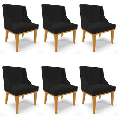 Kit 6 Cadeiras Estofadas Para Sala De Jantar Base Fixa De Madeira Castanho Lia Linho Preto - Ibiza