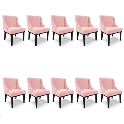 Kit 10 Cadeiras Estofadas Para Sala De Jantar Base Fixa De Madeira Preto Lia Suede Rosa Bebê - Ibiza