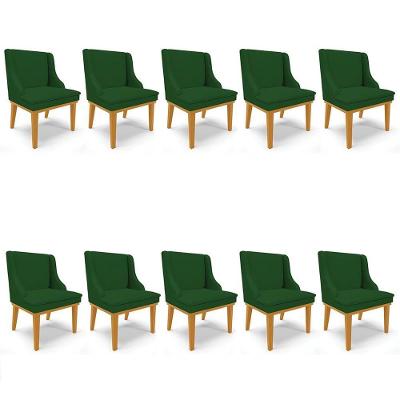 Kit 10 Cadeiras Estofadas Para Sala De Jantar Base Fixa De Madeira Castanho Lia Veludo Verde - Ibiza