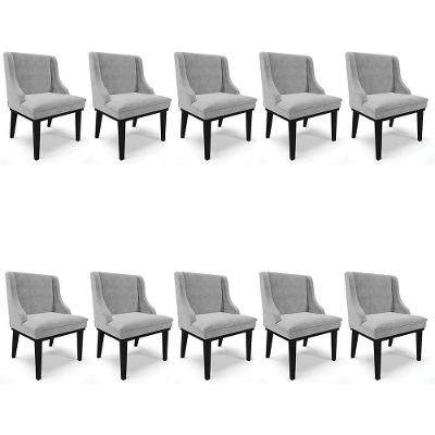 Kit 10 Cadeiras Estofadas Para Sala De Jantar Base Fixa De Madeira Preto Lia Suede Cinza - Ibiza