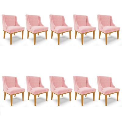 Kit 10 Cadeiras Estofadas Para Sala De Jantar Base Fixa De Madeira Castanho Lia Suede Rosa Bebê - Ibiza
