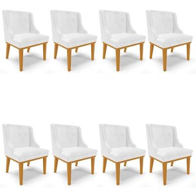 Kit 8 Cadeiras Estofadas Base Fixa De Madeira Castanho Lia Sintético Premium Branco - Ibiza