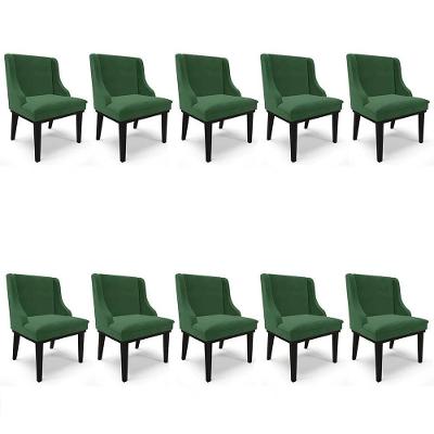 Kit 10 Cadeiras Estofadas Para Sala De Jantar Base Fixa De Madeira Preto Lia Veludo Verde - Ibiza