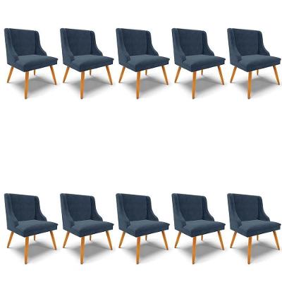 Kit 10 Cadeiras Estofadas Para Sala De Jantar Pés Palito Lia Suede Azul Marinho - Ibiza