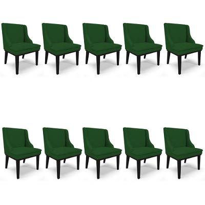 Kit 10 Cadeiras Estofadas Para Sala De Jantar Base Fixa De Madeira Preto Lia Veludo Luxo Verde - Ibiza