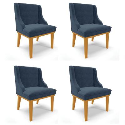 Kit 4 Cadeiras Estofadas Para Sala De Jantar Base Fixa De Madeira Castanho Lia Suede Azul Marinho - Ibiza