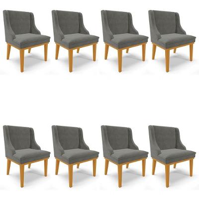 Kit 8 Cadeiras Estofadas Para Sala De Jantar Base Fixa De Madeira Castanho Lia Suede Grafite - Ibiza
