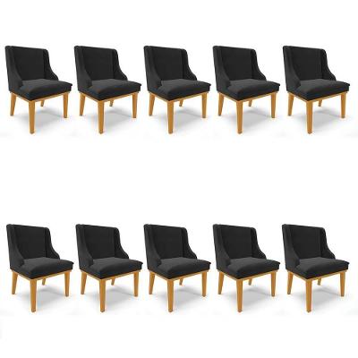 Kit 10 Cadeiras Estofadas Para Sala De Jantar Base Fixa De Madeira Castanho Lia Veludo Preto - Ibiza