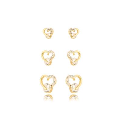 Trio Brincos Corações Cravejados Banhado A Ouro 18k