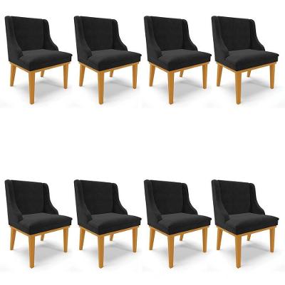 Kit 8 Cadeiras Estofadas Para Sala De Jantar Base Fixa De Madeira Castanho Lia Suede Preto - Ibiza