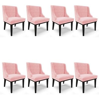 Kit 8 Cadeiras Estofadas Para Sala De Jantar Base Fixa De Madeira Preto Lia Suede Rosa Bebê - Ibiza
