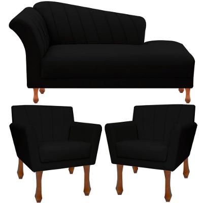 Kit Recamier Sofá Divã Clinica 160 + 2 Poltrona Iza Retro sintetico Preto