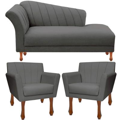 Kit Recamier Sofá Divã Clinica 140 + 2 Poltrona Iza Retro suede Cinza