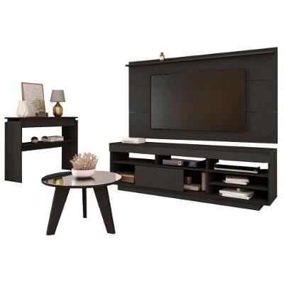 Rack Com Painel Tv 75 Pol Aparador E Mesa De Centro Preto Arly Preto