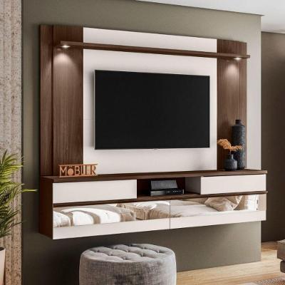 Painel Home Suspenso Tv 75" Atibaia Espelho E Luminária Led Marrom Noce /off White Ártico