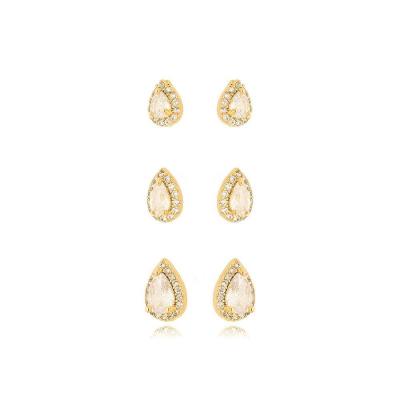 Trio Brincos Gotas Cravejados Banhado A Ouro 18k