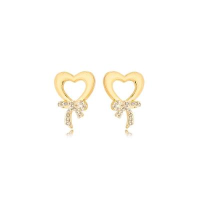 Brinco Coração Com Laço Cravejado Banhado A Ouro 18k
