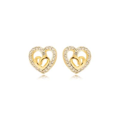 Brinco Coração Cravejado Banhado A Ouro 18k