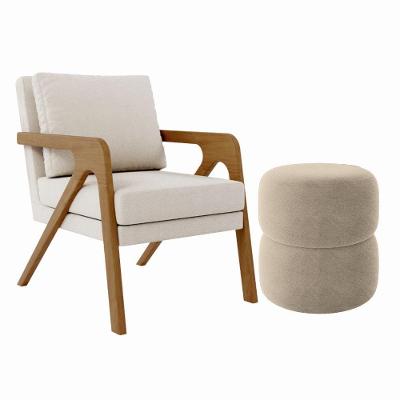 Kit Poltrona E Puff Decorativo Luxo Sala Escritório Rafa linho Bege
