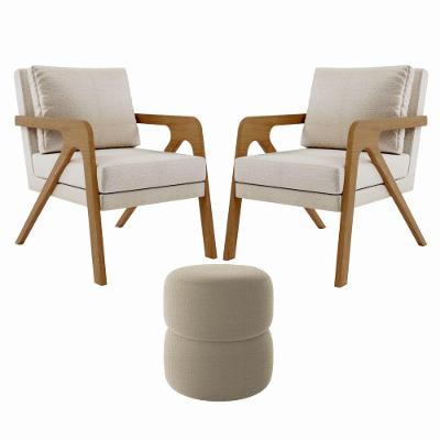 Kit 2 Poltrona Decorativa Puff Sala Moderno Escritório Maia Linho Bege