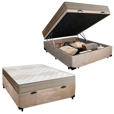 Cama Box Baú Casal Suede + Colchão De Molas Ensacadas Portobel Ipanema 138x188x66cm Bege