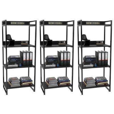 Kit 3 Estante Livreiro Prisma Estilo Industrial 60cm 4 Prateleiras C08 Preto Onix - Mpozenato