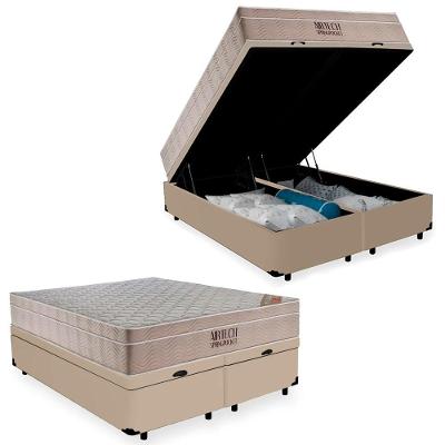 Cama Box Baú Queen Suede Bipartido + Colchão Ortobom Airtech Molas Ensacadas 158x198x65 Cor:bege