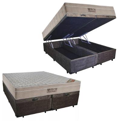Cama Box Baú Queen Suede Bipartido + Colchão Ortobom Airtech Molas Ensacadas 158x198x65 Cor:marrom