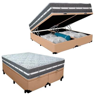 Cama Box Baú Casal Bipartido Sintético + Colchão Anjos Black Graphite Molas Ensacadas 138x188x64cm Cor:bege
