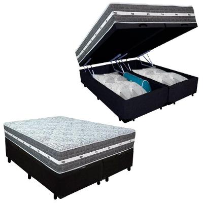 Cama Box Baú Casal Bipartido Suede + Colchão Anjos Black Graphite Molas Ensacadas 138x188x64cm Cor:preto