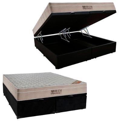 Cama Box Baú King Suede Bipartido + Colchão Ortobom Airtech Molas Ensacadas 193x203x65 Cor:preto