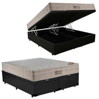 Cama Box Baú King Sintético Bipartido + Colchão Ortobom Airtech Molas Ensacadas 193x203x65 Cor:preto