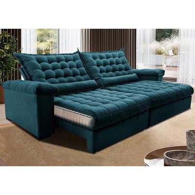 Sofá Retrátil E Reclinável 2,15m Molas Ensacadas Cama Inbox Big Space Com Bordado 3d Velusoft Petróleo
