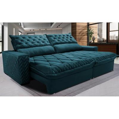 Sofá Retrátil E Reclinável 2,35m Molas Ensacadas Cama Inbox Spazus Com Bordado 3d Velusoft Petróleo