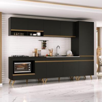 Cozinha Modulada Completa Compacta 5 Peças Com Balcão Para Cooktop Veneza Multimóveis Mp2270 Preto Dourado