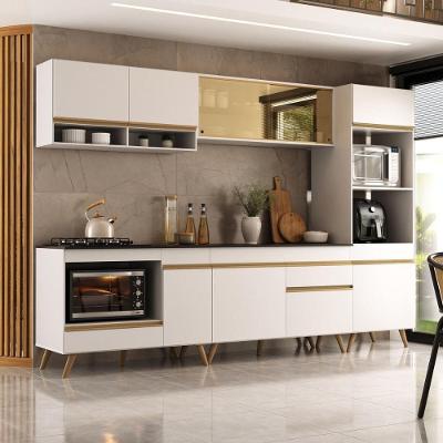 Cozinha Modulada Completa Compacta 287cm Com Balcão Para Cooktop Veneza Multimóveis Mp2269 Branco Dourado