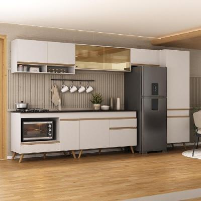 Cozinha Modulada Completa 357cm 6 Peças Com Balcão Para Cooktop Veneza Multimóveis Mp2275 Branco Dourado