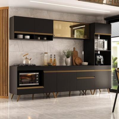 Cozinha Modulada Completa Compacta 287cm Com Balcão Para Cooktop Veneza Multimóveis Mp2269 Preto Dourado