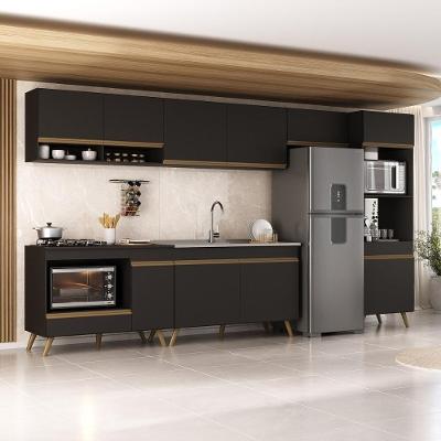 Armário De Cozinha Modulada Completa 6 Peças Com Balcão Para Cooktop Veneza Multimóveis Mp2273 Preto Dourado