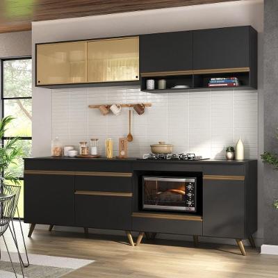 Armário De Cozinha Modulada Compacta 225cm Com Balcão Para Cooktop Veneza Multimóveis Mp2263 Preto Dourado