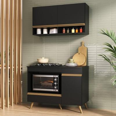 Armário De Cozinha Modulada Compacta 105cm Com Balcão Para Cooktop Veneza Multimóveis Mp2260 Preto Dourado