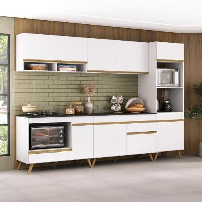 Cozinha Modulada Completa Compacta 5 Peças Com Balcão Para Cooktop Veneza Multimóveis Mp2268 Branco Dourado
