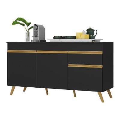 Balcão Cozinha Gabinete Pia 150cm 3 Portas 1 Gaveta Veneza Multimóveis V3740 Preto/dourado Preto/dourado