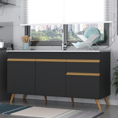 Balcão Cozinha Gabinete Pia 3 Portas 1 Gaveta Preto