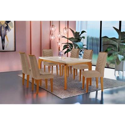 Sala De Jantar Completa Londrina Tampo Madeirado C- Vidro Curvo 180x90cm E 6 Cadeiras Londrina Capuccino-linho Bege Turim - Rufato