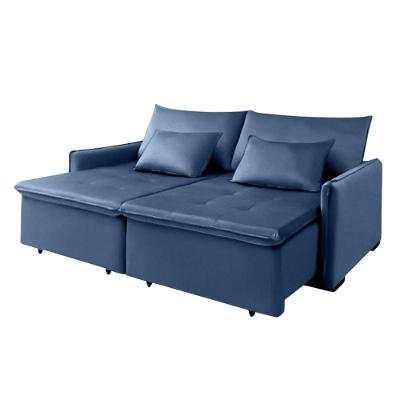 Sofá Cama 2 Lugares New Roma 1.60 Mts Retrátil Veludo Azul Com Pillow