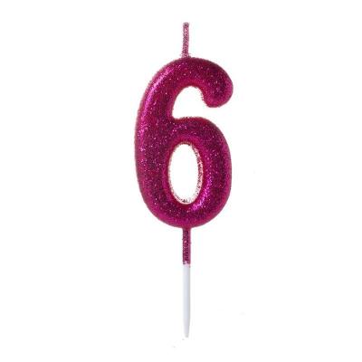 Vela Pequena Glitter Rosa Número 6 - 1 Un