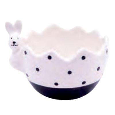 Pote Decorativo De Cerâmica Ovo Com Coelho Branco E Preto 10cm - 2 Un